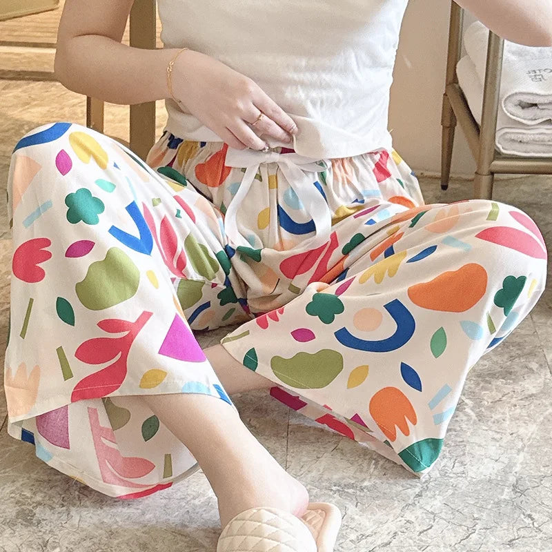 Women Cotton Casual Trousers Summer Loose Pajamas Home Pants Thin Wide Leg Pants Fashion Oversized Sleep Bottoms Korean Pants