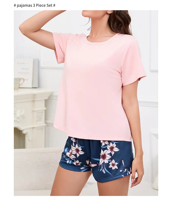 Women's Pajamas Home Suit Soft Comfort Nightwear Loungewear Autumer Crew Neck Tops and Shorts Pajama Pants 3 Piece Pyjama Femme