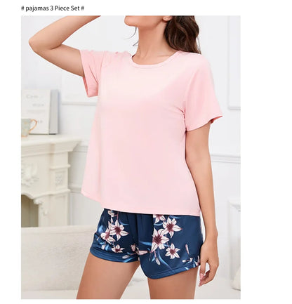 Women's Pajamas Home Suit Soft Comfort Nightwear Loungewear Autumer Crew Neck Tops and Shorts Pajama Pants 3 Piece Pyjama Femme