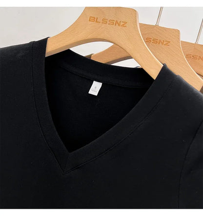 Summer Sexy V-neck Slim T Shirt Women Cotton Basic Solid Crop Tops Female Casual Tops Short Sleeve T-shirts 2026