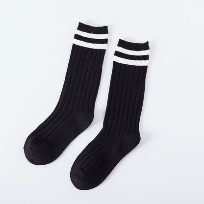 1 Pairs Kids Knee High Long Socks Autumn Winter Warmth Soft Cotton Children School Stocking Black White Stripes Sports Socks