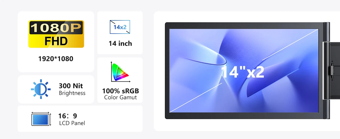 Portable Dual Monitor 14 Inch IPS Display - USB-C Laptop Screen Extender for Windows Mac