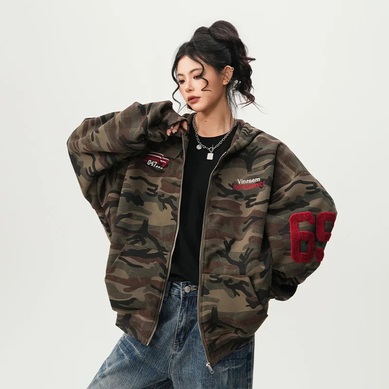 American High Street Camouflage Open Cardigan Hoodie For Men Women Spring Autumn Fashion Couple Zipper Jacket Loose Streetwear