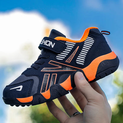 Boys Leather Sneakers - Kids Running Shoes With Rubber Outsole & Hook And Loop Closure
