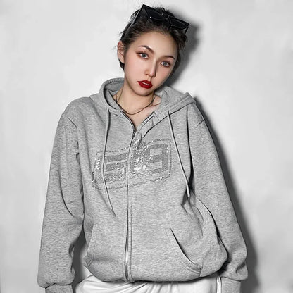 New Rhinestone Letter Print Women Long Sleeve Sweatshirt Hoodies Zipper Loose Oversized Streetwear Casual 2024 Autumn Fall