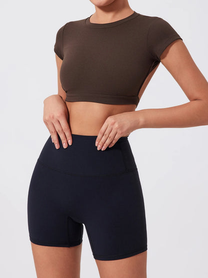 Women Crop Top - Backless Sports Crop Tee With High Compressive Waistband