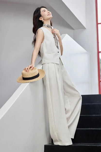 SENTUBILA Office 2 Piece Pant Set 2026 Women Linen Blend Summer Suit V Neck Waistcoat Wide Leg Baggy Pant Print Scarf 162ZA5663Z