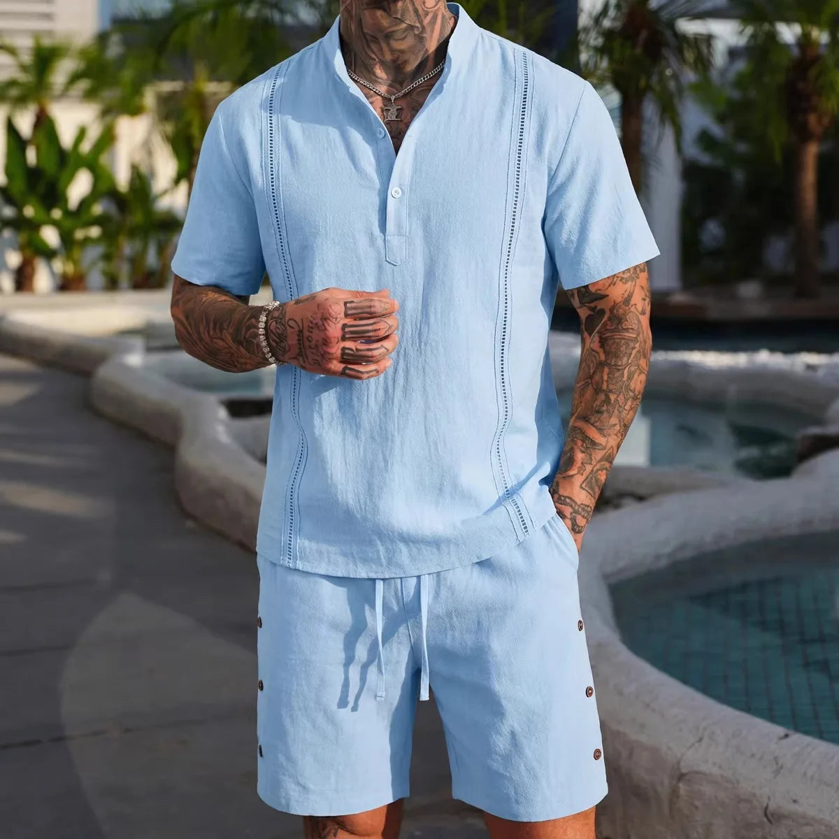 Men's Summer Fashion Cotton Linen Short-Sleeved Shirt And Breathable Short Pants Set Casual Lightweight Personalized Clothing