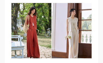 VIMLY Linen Blend Pant Set Two Piece Old Money Style Woman Summer Outfits 2026 Sleeveless Vest Wide Legs Pants Lady Suit A0820