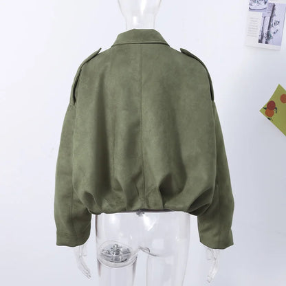 Vintage Suede Green Bomber Jacket Women Loose Lapel Full Sleeve Zipper Commute Coat 2025 Autumn Lady High Street All-match Coats