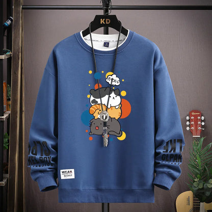 Spring Men's Sweatshirt Japan Cartoon Cats Printed Long Sleeve T-shirt Fashion Men's Clothing Khaki O Neck Harajuku Top 2024 New