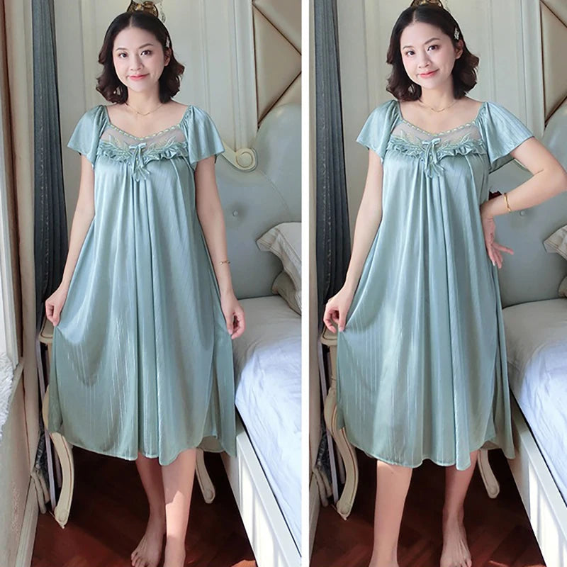 Ladies Ice Silk Nightgowns Sleeping Dress Medium Length Short Sleeve Nightdress Sexy Sleepwear Home Wear Loungewear Pyjama Femme