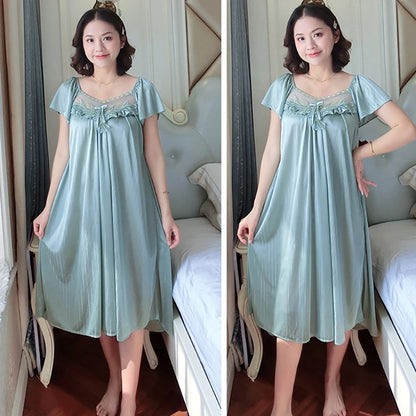 Ladies Ice Silk Nightgowns Sleeping Dress Medium Length Short Sleeve Nightdress Sexy Sleepwear Home Wear Loungewear Pyjama Femme