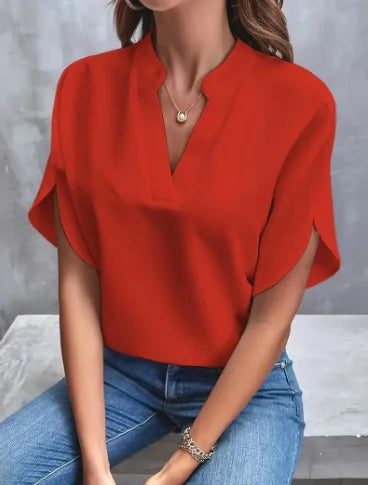 Women Elegant Solid V Neck Blouse Casual Short Sleeve Loose Shirt Summer Solid Tops Harajuku Office Ladt Chiffon Blouse 2026 New