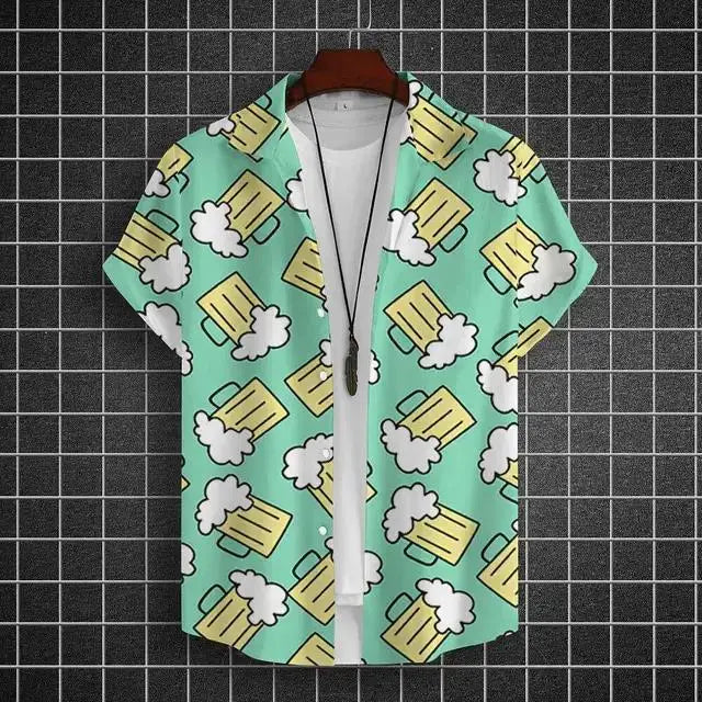 Hawaiian Shirt For Men 3d Beer Printed Short Sleeve Shirts Party Tees Summer Casual Tops Loose Oversized Clothing