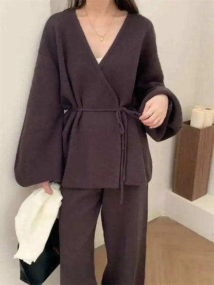 [EWQ] Fashion V-neck Long Sleeve Lace Up Sweater And High Waist Trousers Casual Women Knit Set Clothing 2025 Autumn New 16O1719