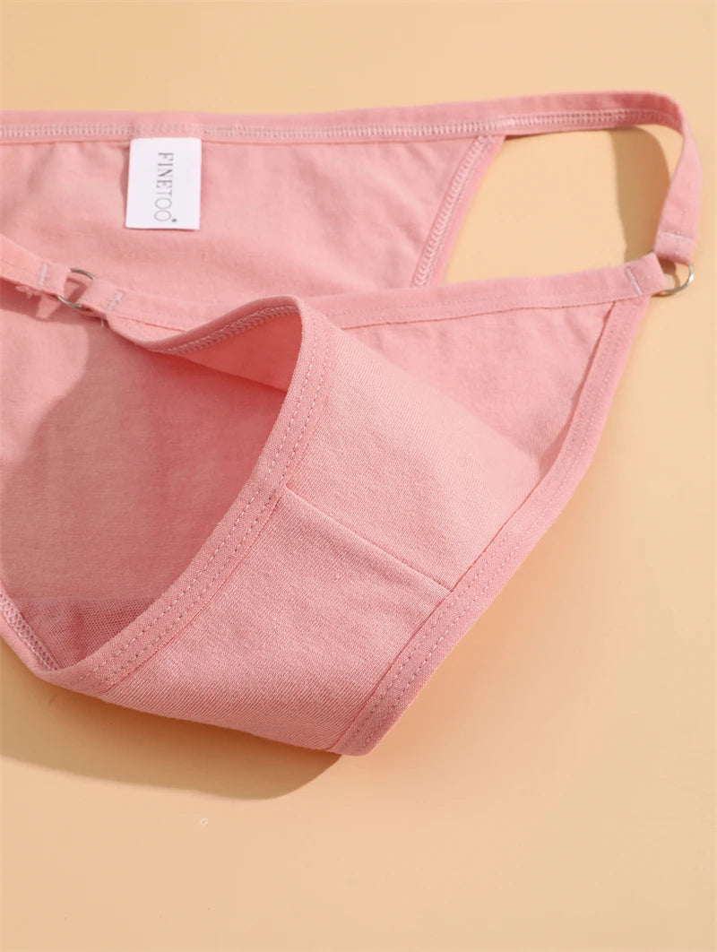 FINETOO 4Pcs Women's Cotton Panties Sexy Metal Ring Waist Underwear Solid Breathable Panties Ladies Soft Briefs Comfort Lingerie