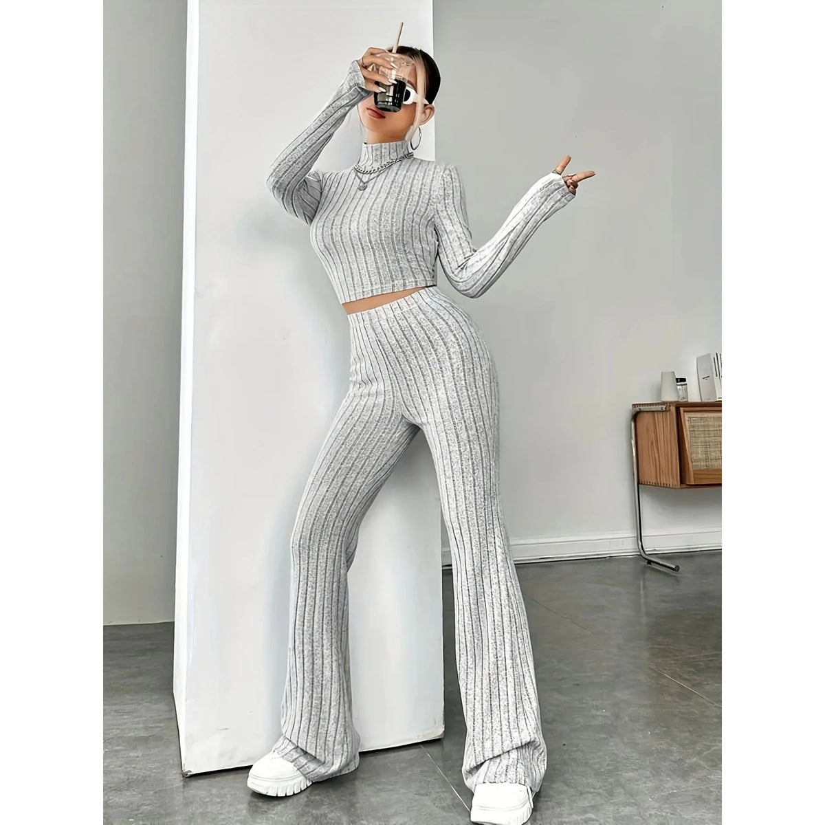 2025 Beige Western Style Knitted Fashion Suit Women New Korean Split Black Sweaters Wide Leg Pants Lady Casual Two-piece Sets