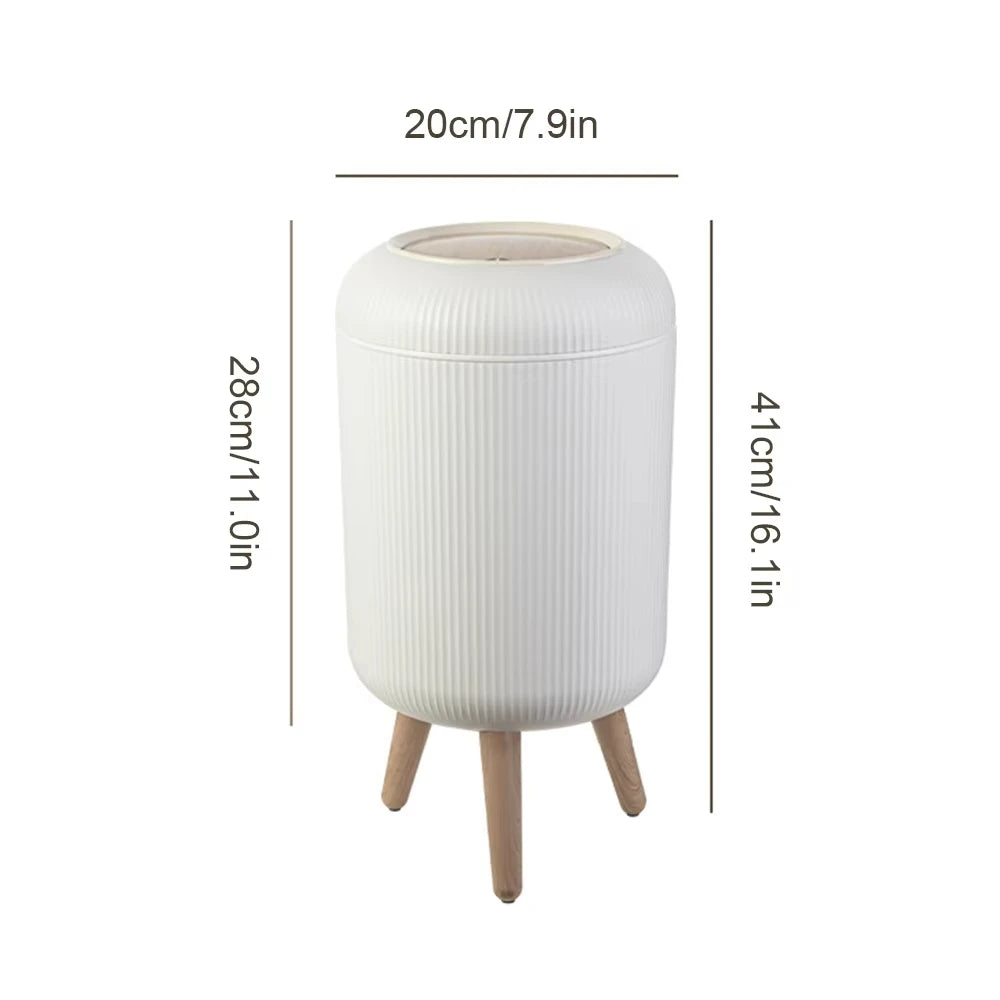 Wooden High Foot Trash Can - Creative Bathroom  Kitchen Wastebin with Press Cover