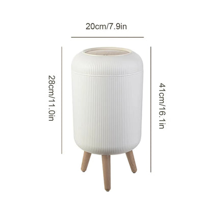Wooden High Foot Trash Can - Creative Bathroom  Kitchen Wastebin with Press Cover