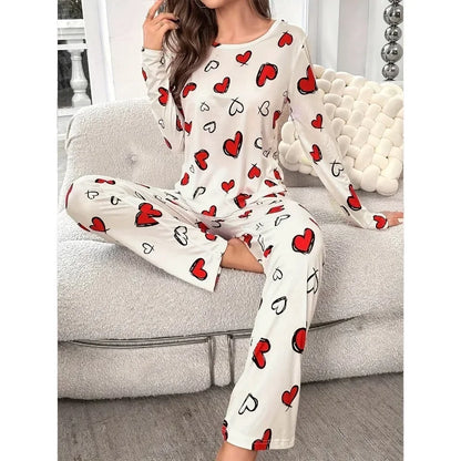 Sleepwear Women's Black Love Print Long Sleeve Trousers Student Loungewear Pajama Set Girl O-Neck Fashion Soft Casual Nightwear