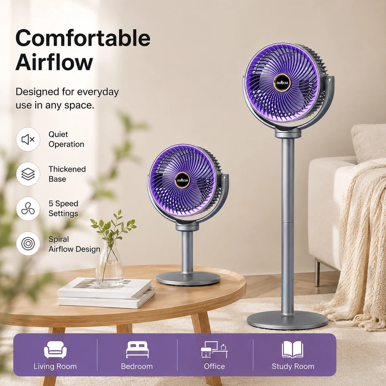 Modern 2-in-1 Floor Desk Air Circulator Fan 5 Speeds Powerful Airflow Portable USB Pedestal Fan for Home Bedroom Office