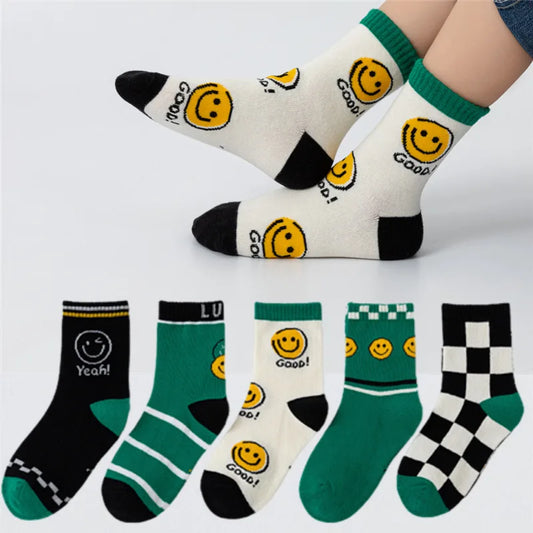 5pairs/Lot autumn winter girls cotton socks child student socks smile boys new Fashion multi-color warmer baby kids sport socks