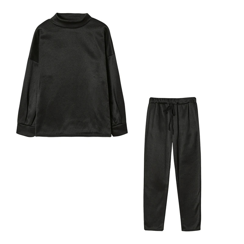2025 Autumn and Winter Women's Sweater High Collar Casual Pure Color Trousers Two-piece Set