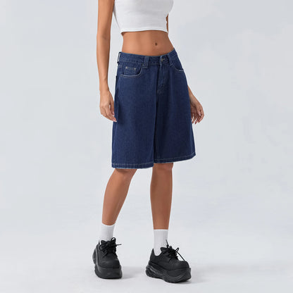 New Fashion Womens Knee Length Denim Shorts Loose Solid Color Low Rise Wide Leg Long Shorts With Pockets For Summer S-2XL