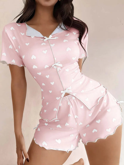 New Summer Women's Pajamas with Love Printed Collar, Short Sleeve Bow, Slim Fit, Comfortable and Soft Women's Home Clothes