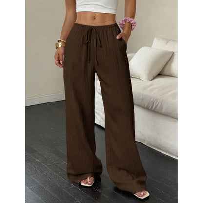 Women's Elegant Multi-Functional Stretch Waist Comfortable Casual Pants, Slightly Stretchy Simple Solid Textured Fabric High-Waist Wide-Leg Pants with Drawstring Waist and Slanted Pockets