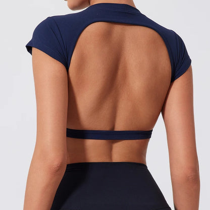 Women Crop Top - Backless Sports Crop Tee With High Compressive Waistband