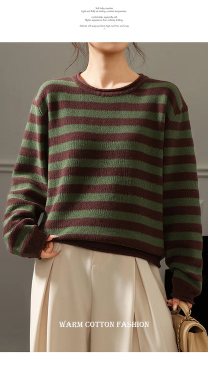 Fashion 100% pure cotton women's sweater autumn and winter casual striped knitted top loose Korean round neck women's pullover