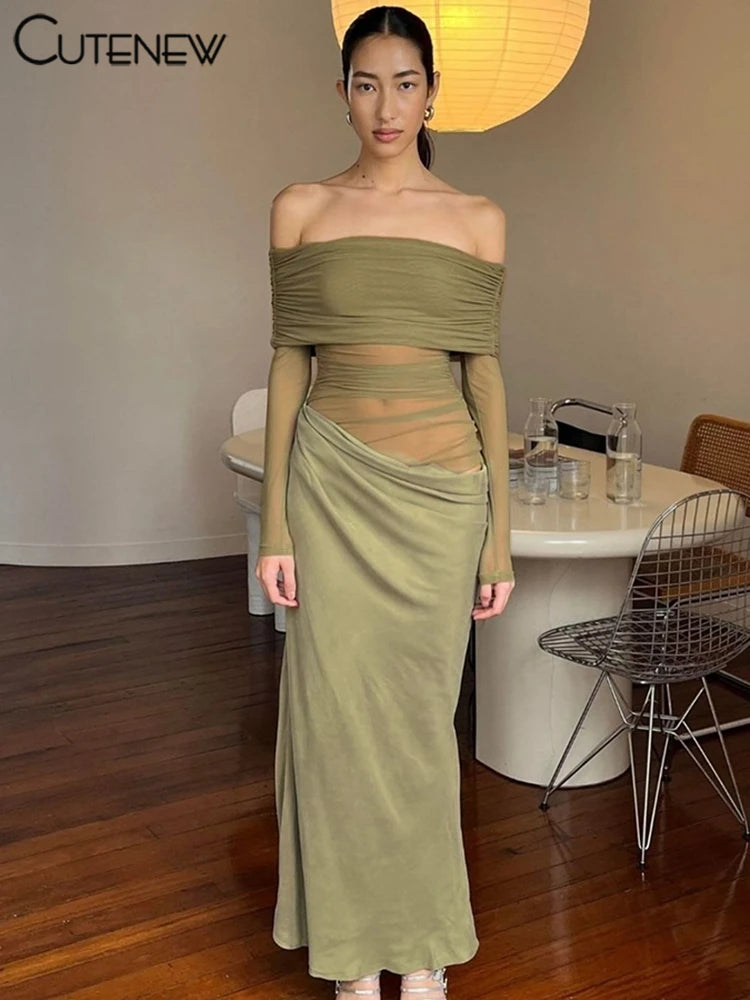 Mesh Ruched Maxi Dress - Sexy Sheath Off Shoulder Ankle Length Party Dress