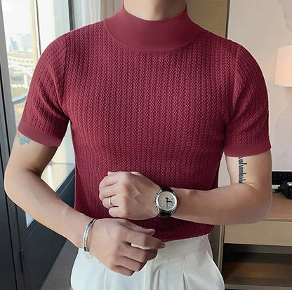 Men's High Neck T-Shirt – Casual Summer Knitted Base Tee | Breathable Polyester Top
