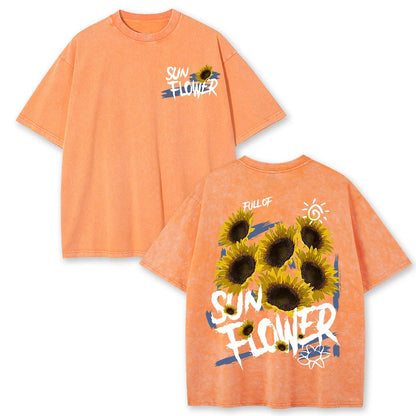 Lift Is Good Beautiful Sunflower Print Washed T Shirts Women Soft Cotton T-Shirt Street Creative Short Sleeve Summer Casual Tops