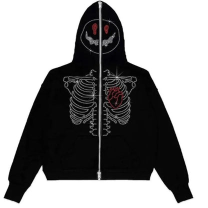 Y2K Rhinestone Cobweb Zip Up Oversized Sweatshirt 2022 Autumn Goth Hoodie Men Women Grunge Hooded Jacket Streetwear Y2K Clothing