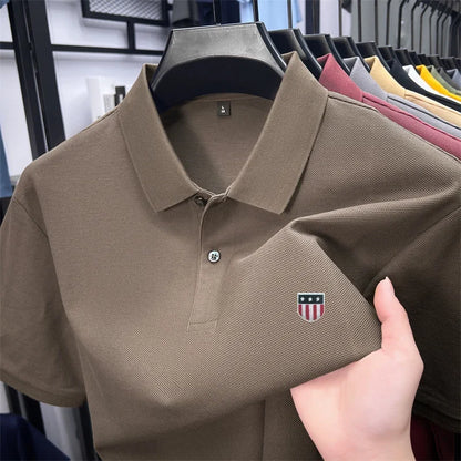 Men's Summer Luxury 100% Cotton Polo Shirt, Lapel Print Short Sleeve T-shirt, Breathable Business Casual Menswear