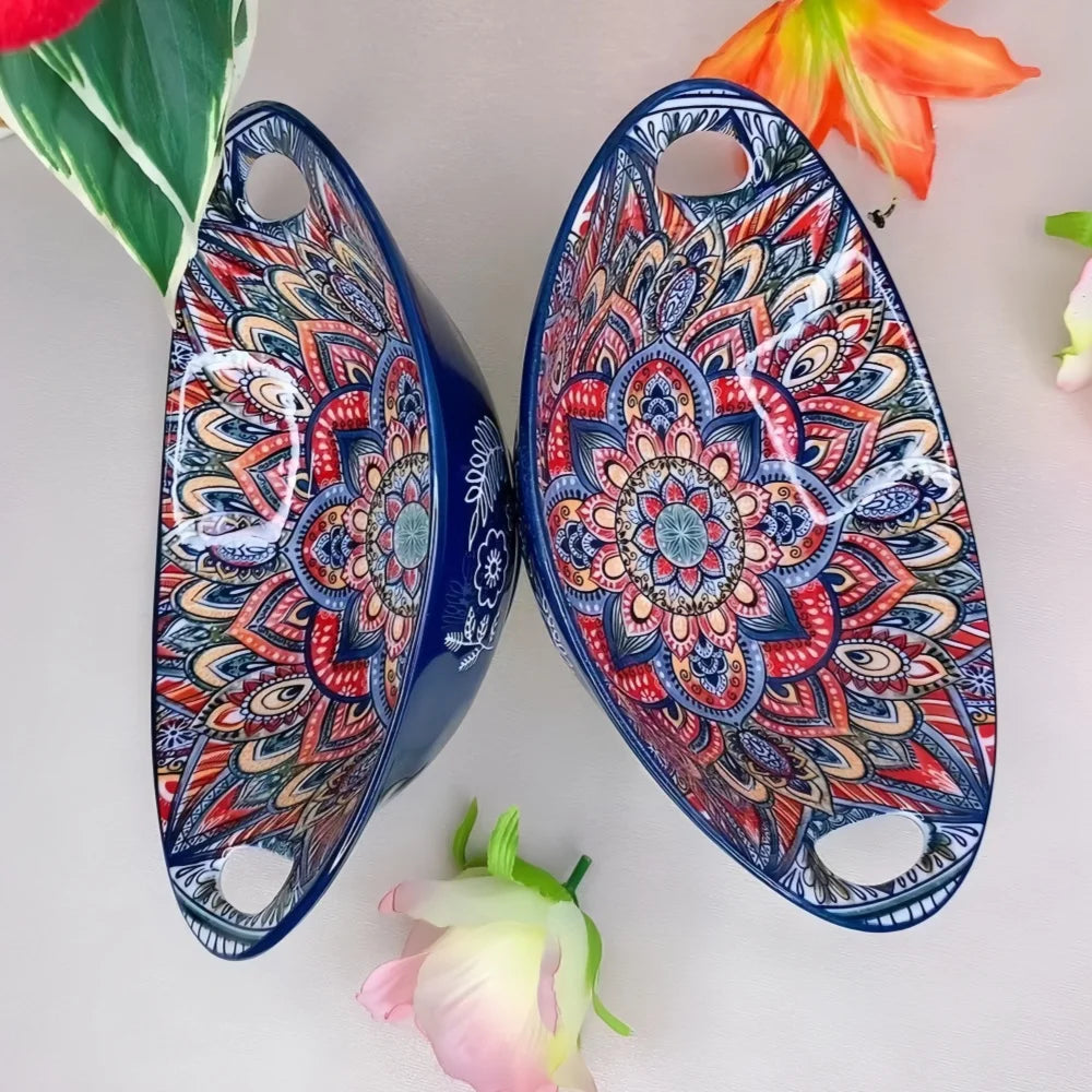 Bohemian Ceramic Salad Bowl Set - Microwave Safe Stackable Oval Plates with Handle 2PCS