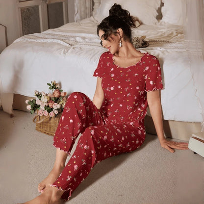 New European and American style loose-fitting women's pajamas, floral short-sleeved long pants home wear, casual two-piece set s