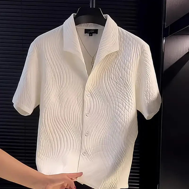 Men's British Style Wavy Textured Short Sleeve Shirt Casual Fashion Button Down Blouse