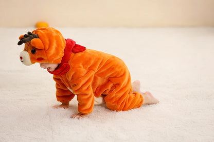 Baby Winter Rompers - Soft Polyester Hooded Jumpsuit With Animal Pattern, Machine Washable