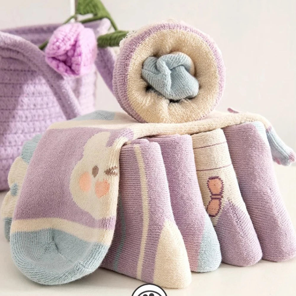 5 Pairs Girls' Thick Socks,Cute Cartoon Bunny Children's Socks, Winter Warmth,  Purple Mid Tube Socks, Autumn/Winter