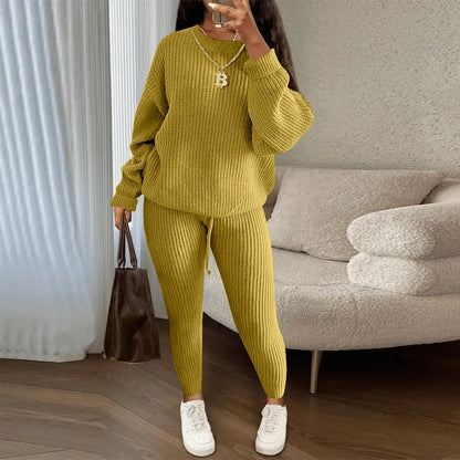 Knitted Sweater Two Piece Set For Women Autumn Winter Long Sleeve O Neck Sweater + Skinny Pants Sets Casual Knit Outfit Homewear