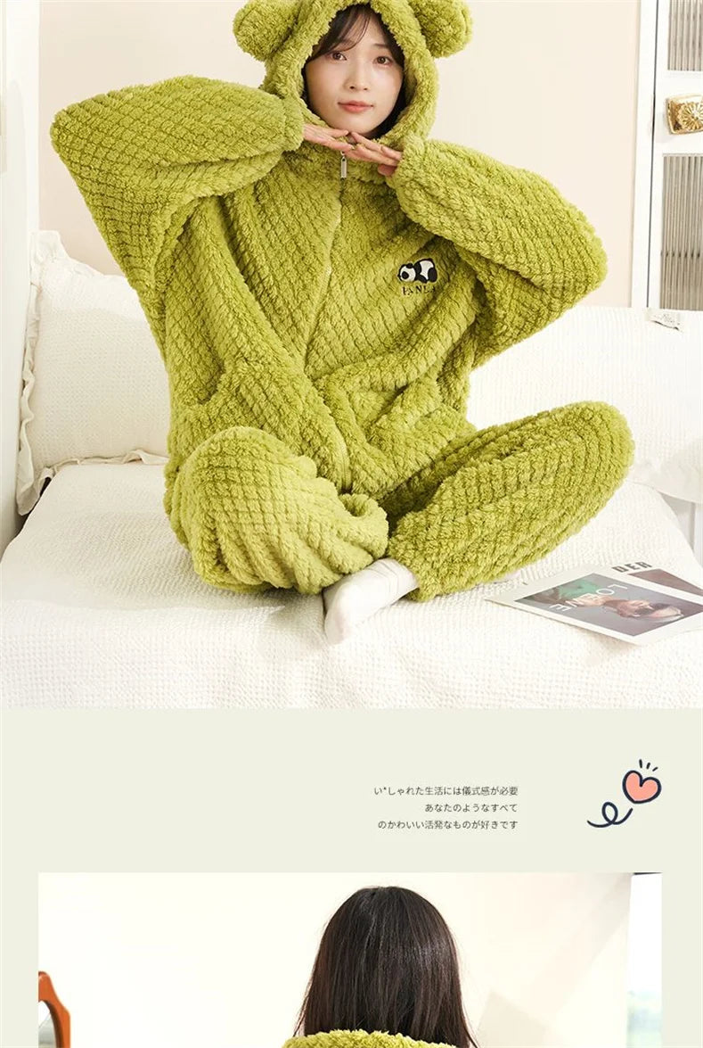 Autumn Winter Women's Sleepwear Flannel Pajamas Set Thick Fleece Nightwear Sets Warm Home Suits Hoodie Plus Pants