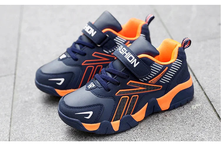 Boys Leather Sneakers - Kids Running Shoes With Rubber Outsole & Hook And Loop Closure
