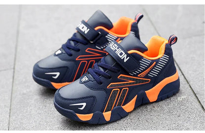 Boys Leather Sneakers - Kids Running Shoes With Rubber Outsole & Hook And Loop Closure