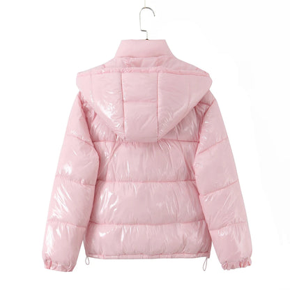 New Winter Fashion Women Bright Light Blue Zipper Up Bread Parka Coat Woman Stand Collar Removable Hooded Long Sleeve Outerwear