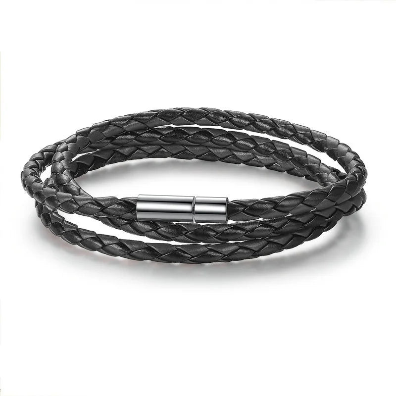 BAMOER PU Leather Bracelet Multi-layer Wrap Braid Long Chain Adjustable Magnet Buckle Unisex for Women and Men Stackable Jewelry