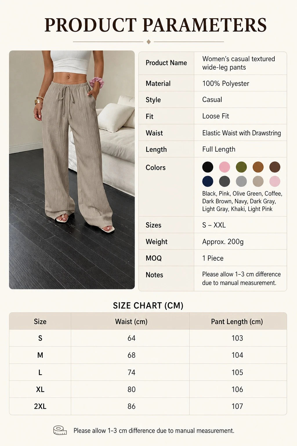 Women's Elegant Multi-Functional Stretch Waist Comfortable Casual Pants, Slightly Stretchy Simple Solid Textured Fabric High-Waist Wide-Leg Pants with Drawstring Waist and Slanted Pockets